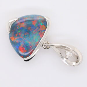 Blue, Green, Red White Gold Solid Australian Black Opal and Diamond Pendant Necklace