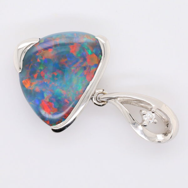 Blue, Green, Red White Gold Solid Australian Black Opal and Diamond Pendant Necklace