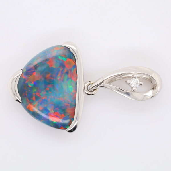 Blue, Green, Red White Gold Solid Australian Black Opal and Diamond Pendant Necklace