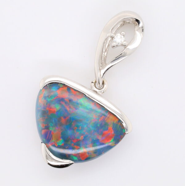 Blue, Green, Red White Gold Solid Australian Black Opal and Diamond Pendant Necklace