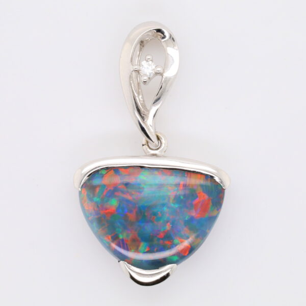 Blue, Green, Red White Gold Solid Australian Black Opal and Diamond Pendant Necklace