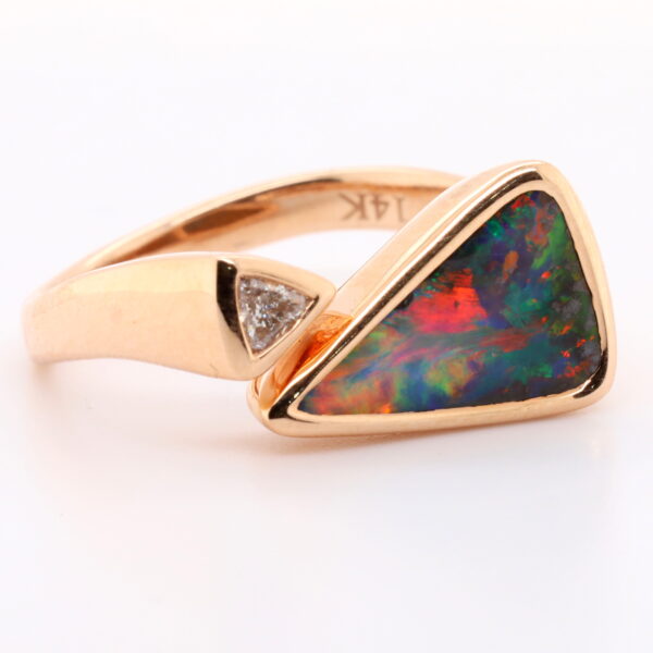 Blue Red Green Rose Gold Solid Australian Black Opal Engagement Ring with Diamond