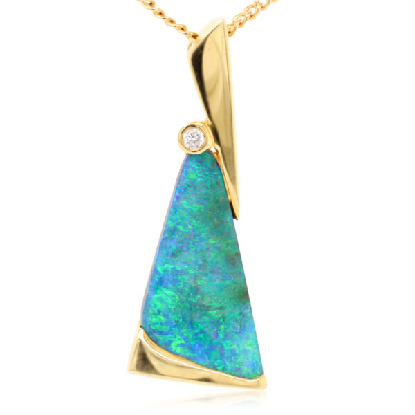 Blue Green Yellow Gold Solid Australian Boulder Opal and Diamond Pendant Necklace