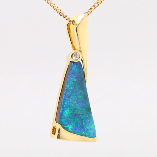 Blue Green Yellow Gold Solid Australian Boulder Opal and Diamond Pendant Necklace