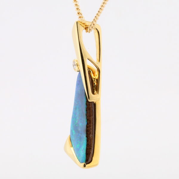 Blue Green Yellow Gold Solid Australian Boulder Opal and Diamond Pendant Necklace