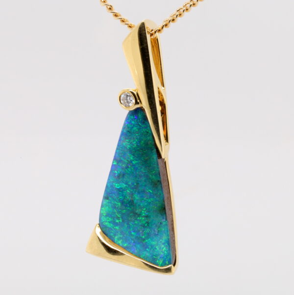 Blue Green Yellow Gold Solid Australian Boulder Opal and Diamond Pendant Necklace
