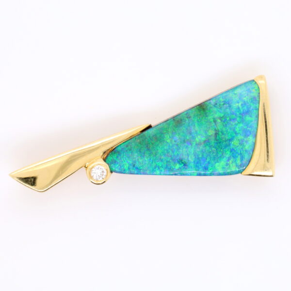 Blue Green Yellow Gold Solid Australian Boulder Opal and Diamond Pendant Necklace