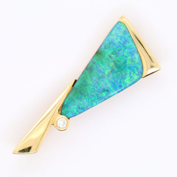 Blue Green Yellow Gold Solid Australian Boulder Opal and Diamond Pendant Necklace