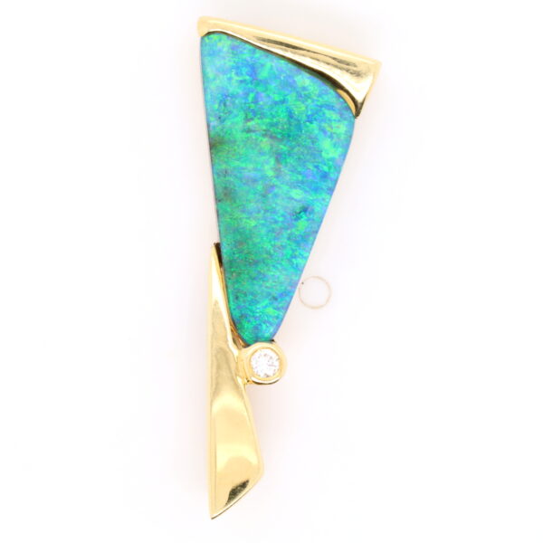 Blue Green Yellow Gold Solid Australian Boulder Opal and Diamond Pendant Necklace