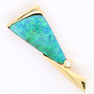 Blue Green Yellow Gold Solid Australian Boulder Opal and Diamond Pendant Necklace