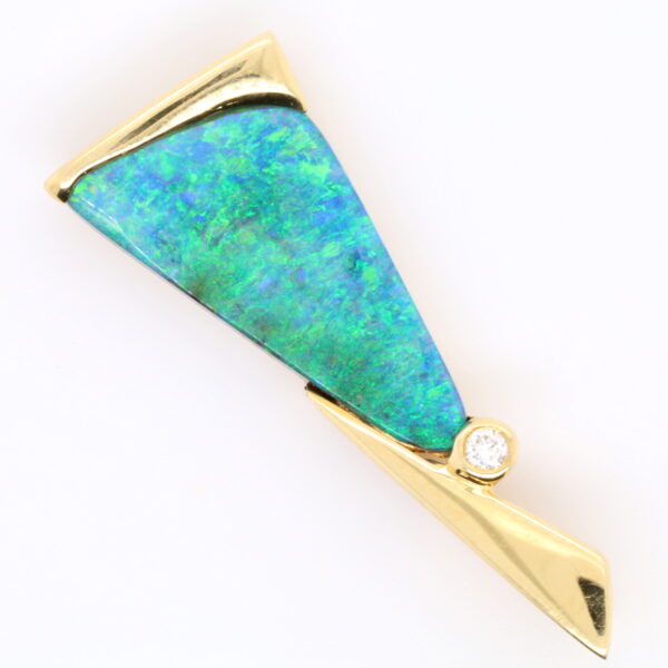 Blue Green Yellow Gold Solid Australian Boulder Opal and Diamond Pendant Necklace