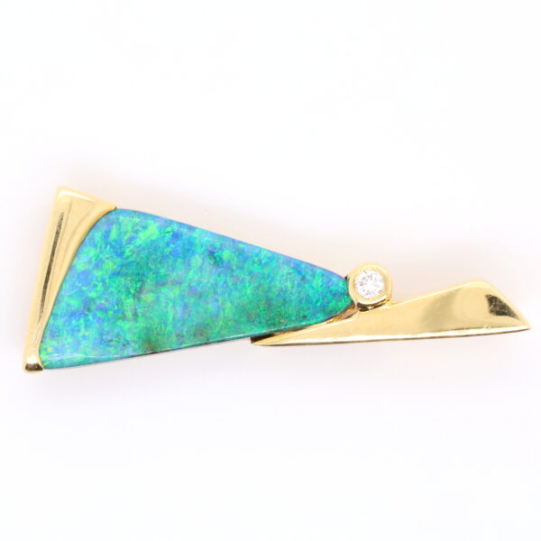 Blue Green Yellow Gold Solid Australian Boulder Opal and Diamond Pendant Necklace