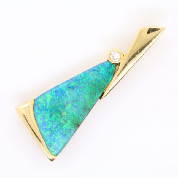 Blue Green Yellow Gold Solid Australian Boulder Opal and Diamond Pendant Necklace