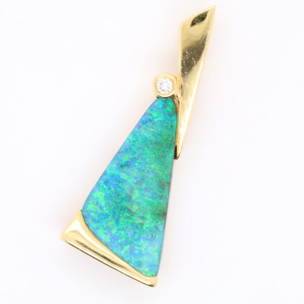 Blue Green Yellow Gold Solid Australian Boulder Opal and Diamond Pendant Necklace