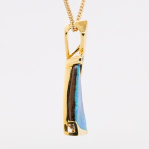 Blue Green Yellow Gold Solid Australian Boulder Opal and Diamond Pendant Necklace