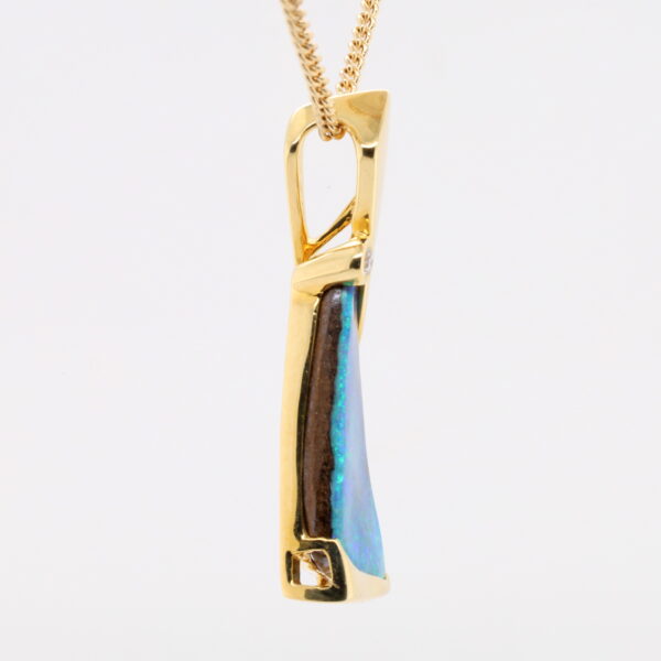 Blue Green Yellow Gold Solid Australian Boulder Opal and Diamond Pendant Necklace