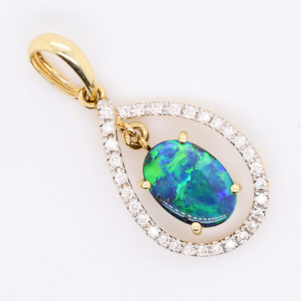 Blue Green Yellow Gold Solid Australian Boulder Opal Necklace Pendant with Diamonds