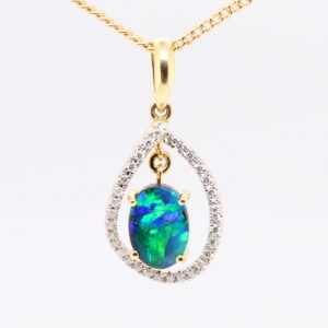Blue Green Yellow Gold Solid Australian Boulder Opal Necklace Pendant with Diamonds