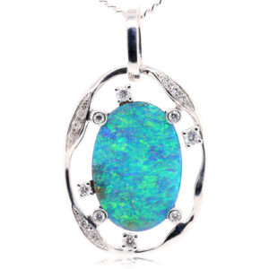 Blue Green White Gold Solid Australian Boulder Opal and Diamond Pendant Necklace