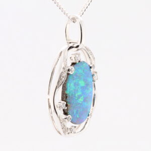 Blue Green White Gold Solid Australian Boulder Opal and Diamond Pendant Necklace