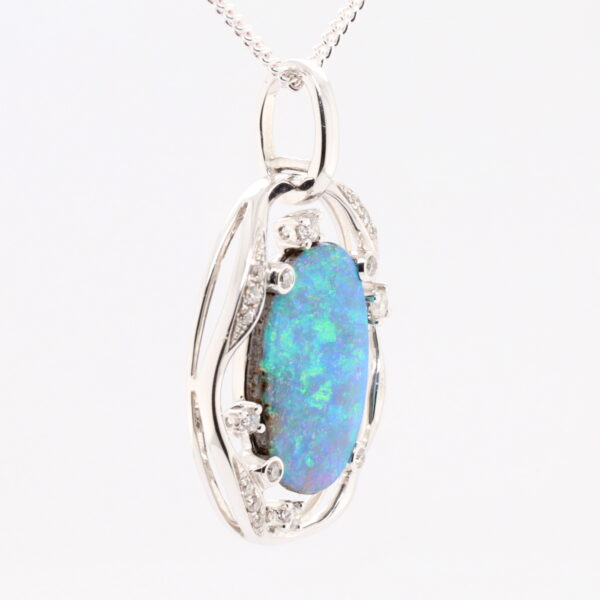 Blue Green White Gold Solid Australian Boulder Opal and Diamond Pendant Necklace