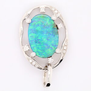 Blue Green White Gold Solid Australian Boulder Opal and Diamond Pendant Necklace