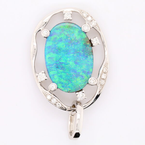 Blue Green White Gold Solid Australian Boulder Opal and Diamond Pendant Necklace
