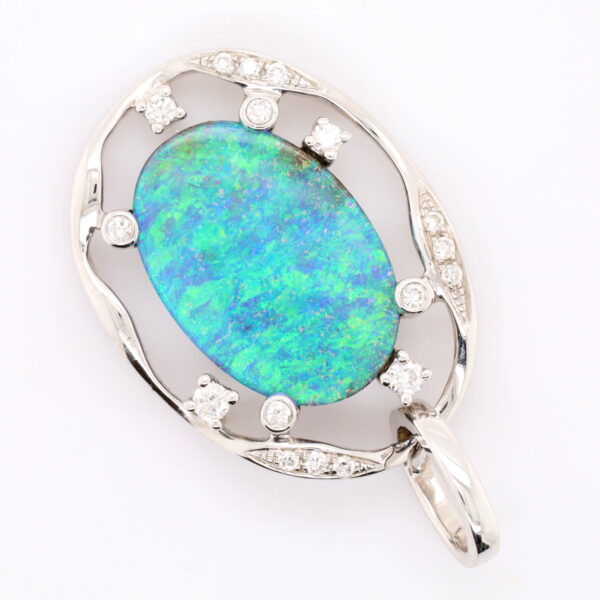 Blue Green White Gold Solid Australian Boulder Opal and Diamond Pendant Necklace