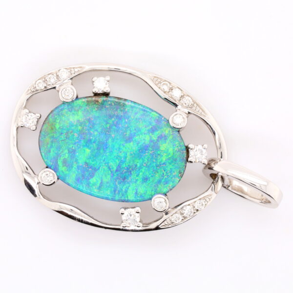 Blue Green White Gold Solid Australian Boulder Opal and Diamond Pendant Necklace