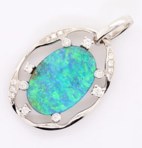 Blue Green White Gold Solid Australian Boulder Opal and Diamond Pendant Necklace