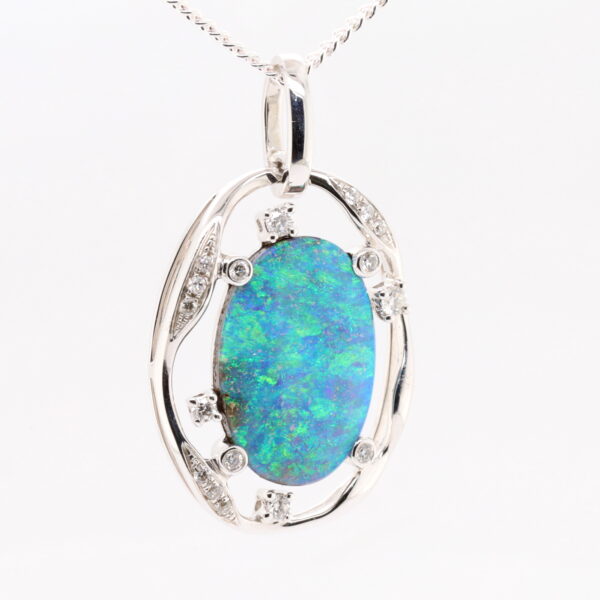 Blue Green White Gold Solid Australian Boulder Opal and Diamond Pendant Necklace