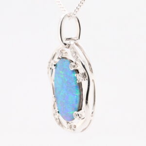 Blue Green White Gold Solid Australian Boulder Opal and Diamond Pendant Necklace