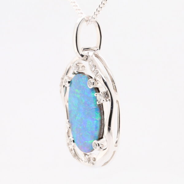Blue Green White Gold Solid Australian Boulder Opal and Diamond Pendant Necklace