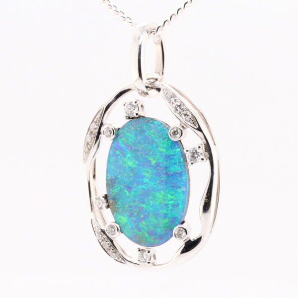 Blue Green White Gold Solid Australian Boulder Opal and Diamond Pendant Necklace