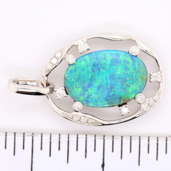 Blue Green White Gold Solid Australian Boulder Opal and Diamond Pendant Necklace