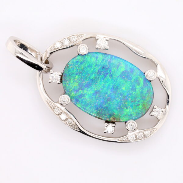 Blue Green White Gold Solid Australian Boulder Opal and Diamond Pendant Necklace