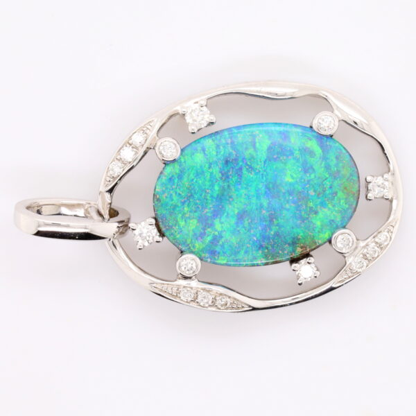 Blue Green White Gold Solid Australian Boulder Opal and Diamond Pendant Necklace