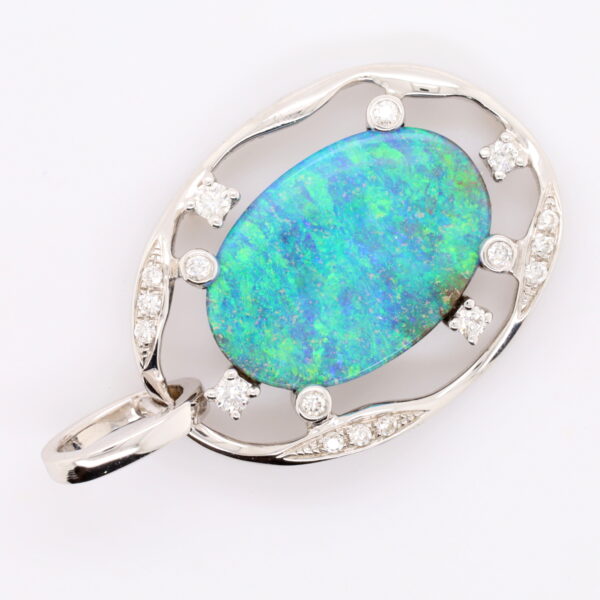 Blue Green White Gold Solid Australian Boulder Opal and Diamond Pendant Necklace