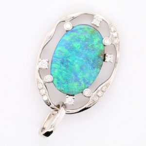 Blue Green White Gold Solid Australian Boulder Opal and Diamond Pendant Necklace