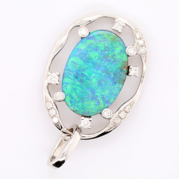Blue Green White Gold Solid Australian Boulder Opal and Diamond Pendant Necklace