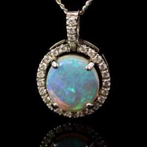 White Gold Blue Green Orange Solid Australian Crystal Opal and Diamond Pendant Necklace