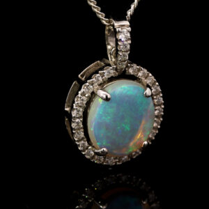 White Gold Blue Green Orange Solid Australian Crystal Opal and Diamond Pendant Necklace