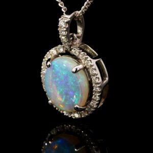 White Gold Blue Green Orange Solid Australian Crystal Opal and Diamond Pendant Necklace