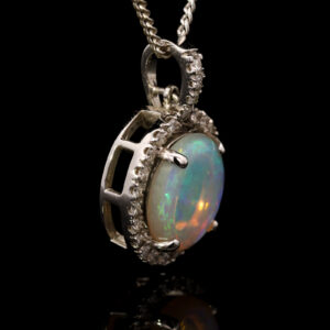 White Gold Blue Green Orange Solid Australian Crystal Opal and Diamond Pendant Necklace