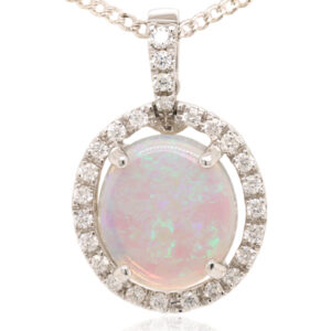 White Gold Blue Pink Green Solid Australian Crystal Opal Diamond Necklace Pendant