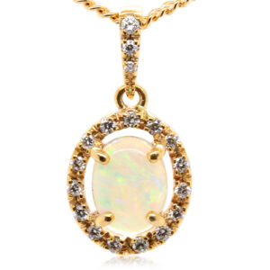 Blue Orange and Green Yellow Gold Solid Australian Crystal Opal Necklace Pendant with Diamonds