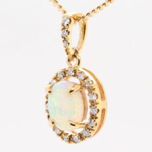 Blue Orange and Green Yellow Gold Solid Australian Crystal Opal Necklace Pendant with Diamonds