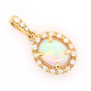 Blue Orange and Green Yellow Gold Solid Australian Crystal Opal Necklace Pendant with Diamonds