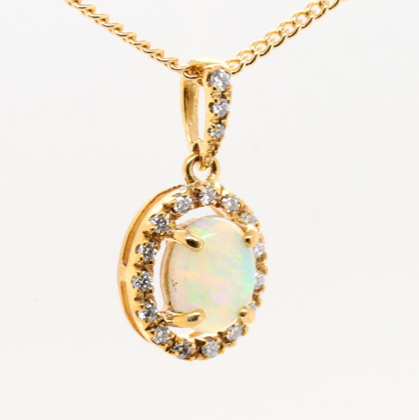 Blue Orange and Green Yellow Gold Solid Australian Crystal Opal Necklace Pendant with Diamonds