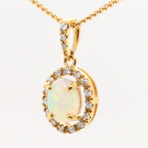 Blue Orange and Green Yellow Gold Solid Australian Crystal Opal Necklace Pendant with Diamonds